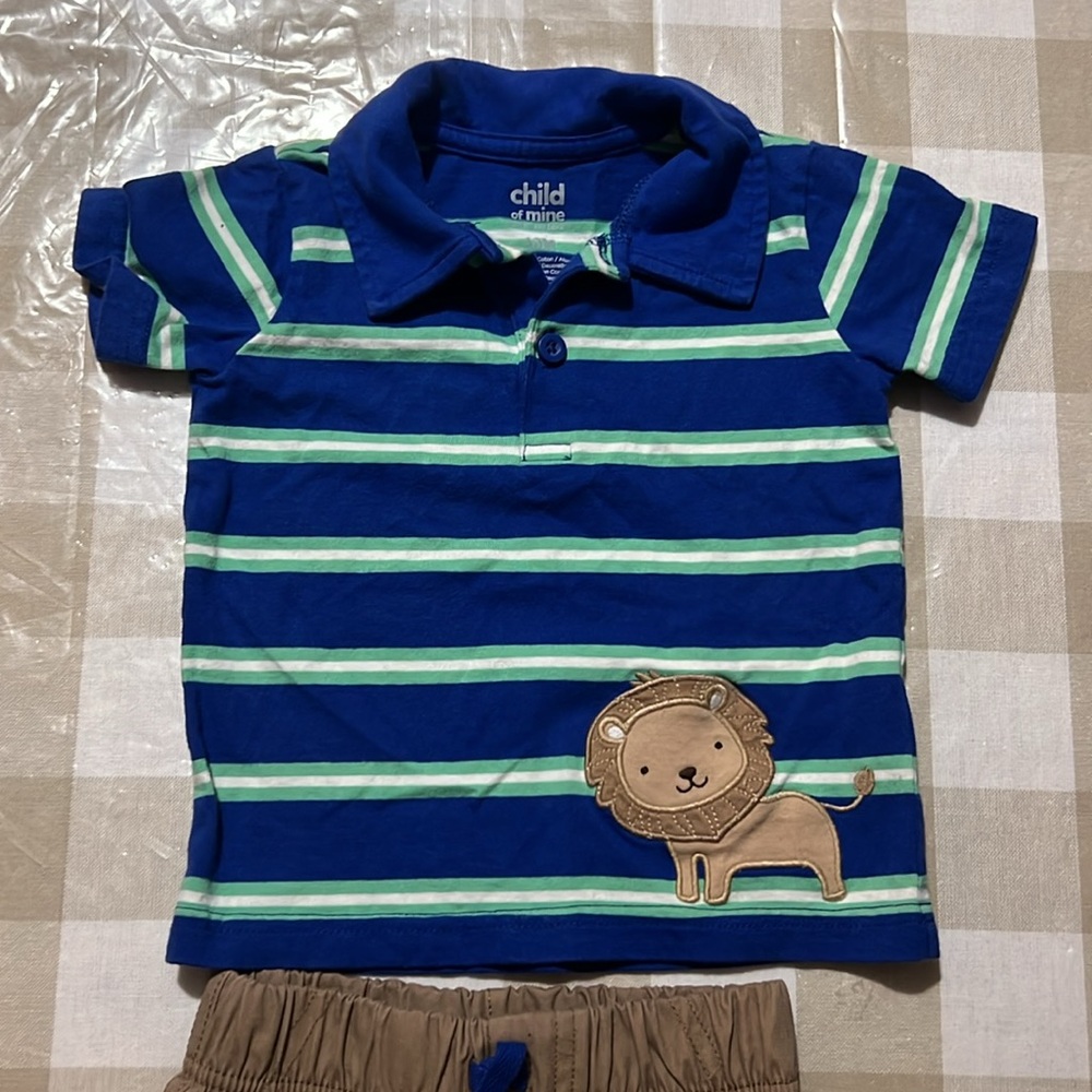 Carter's Striped Polo Shirt and Tan Kids Shorts with Blue Accent